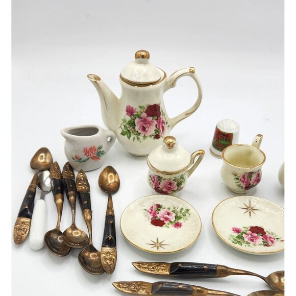 Lot of Miniature Tea Set & Brass/ Wood Spoons - Picture 1 of 7